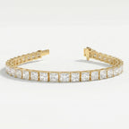 Side profile of yellow gold tennis bracelet displaying secure prong settings and princess cut diamond structure